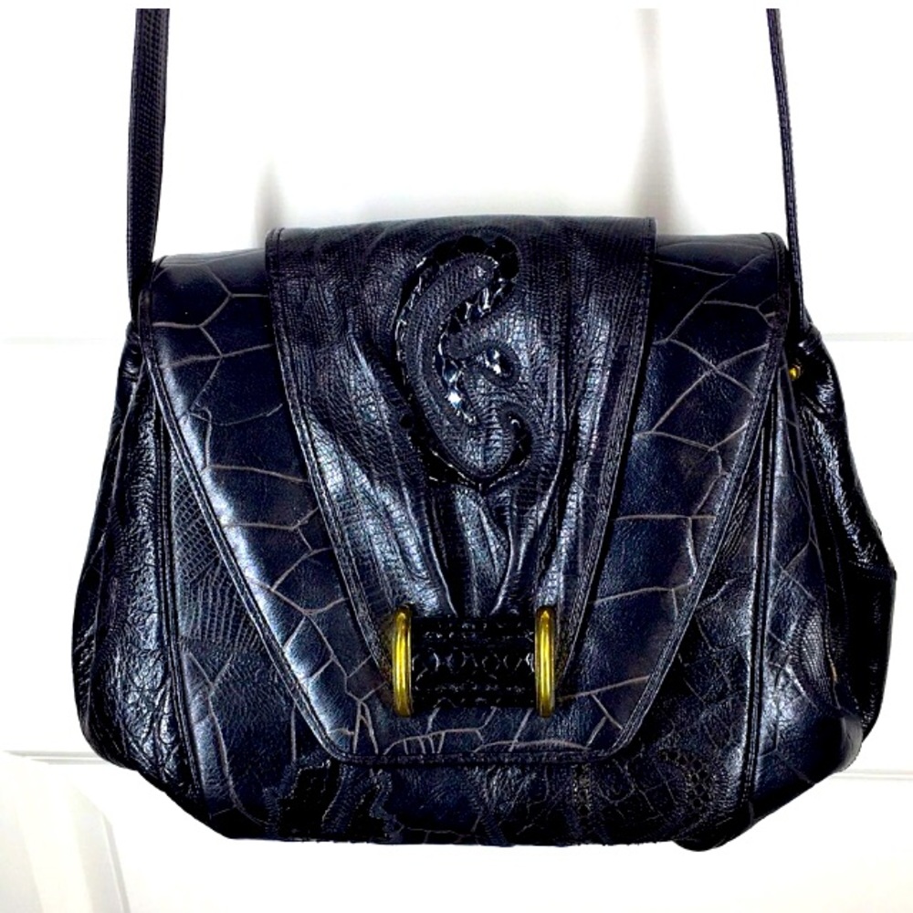 NWT Sharif Black Crossbody Shoulder bag snake skin croc reptile embossed leather